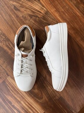 Hey Dude Men's White Casual Sneakers with Tan Heel Accent